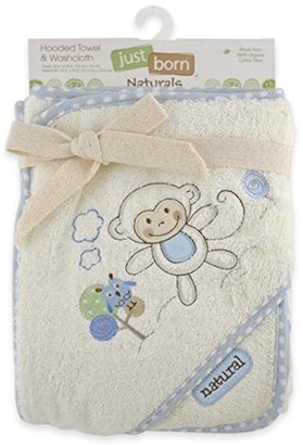 Triboro Just Born Naturals Hooded Towel and Washcloth Set - Blue Monkey 52560L