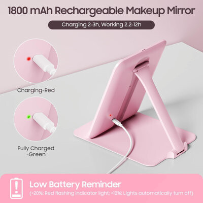 Wrought Studio Foldable Travel Makeup Mirror With Lights And 20X Magnification, Rechargeable Tabletop LED Vanity Mirror With Adjustable Stand, 3-Colored Dimmable Lig