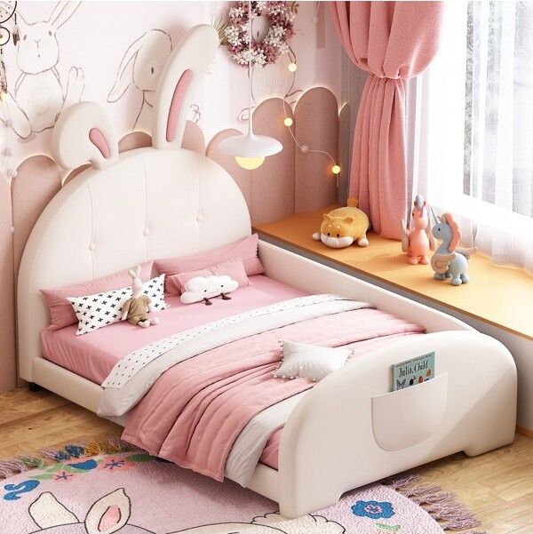 BellemaveTwinKidsPlatformBedwithBearHeadboard,PULeatherUpholsteredFramewithFootboardPocketsforBoys&Girls,Brown