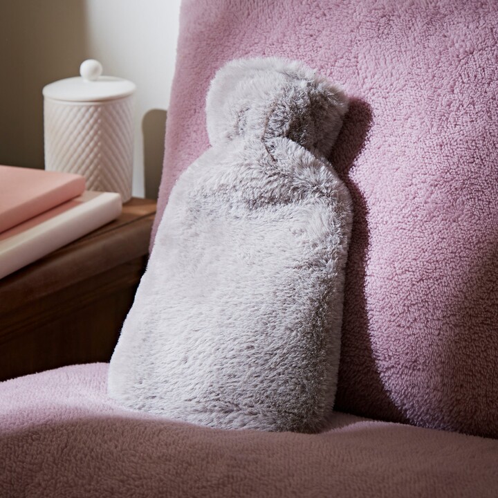 Dunelm Silver Faux Fur Lenon Mini Hot Water Bottle, Size 23.5cm x 14.5cm x 4cm Silver