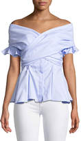 Thumbnail for your product : Jonathan Simkhai Wrapped Hook-Back Off-the-Shoulder Peplum Oxford Top