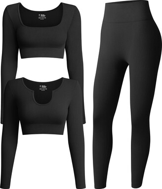 QINSEN Workout Outfits for Women 2 Piece Ribbed Seamless Crop Tank High  Waist Yoga Leggings Sets Large Black