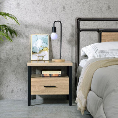 Lark Manor 1 Drawer Nightstand With Shelf, Oak And Black, Industrial Style Furniture One Shelf Nightstand, Classic Design