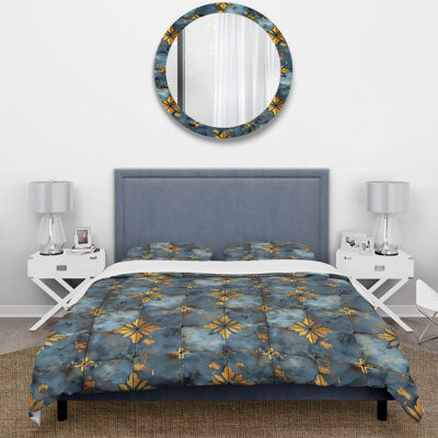 Design Art Blue Yellow Rustic Floral Tiles - Farmhouse Duvet Cover Set