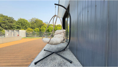 East Urban Home Swing Egg Chair With Stand Indoor Outdoor Wicker Rattan Patio Basket Hanging Chair With C Type Bracket  With Cushion And PillowPatio Wicker Folding