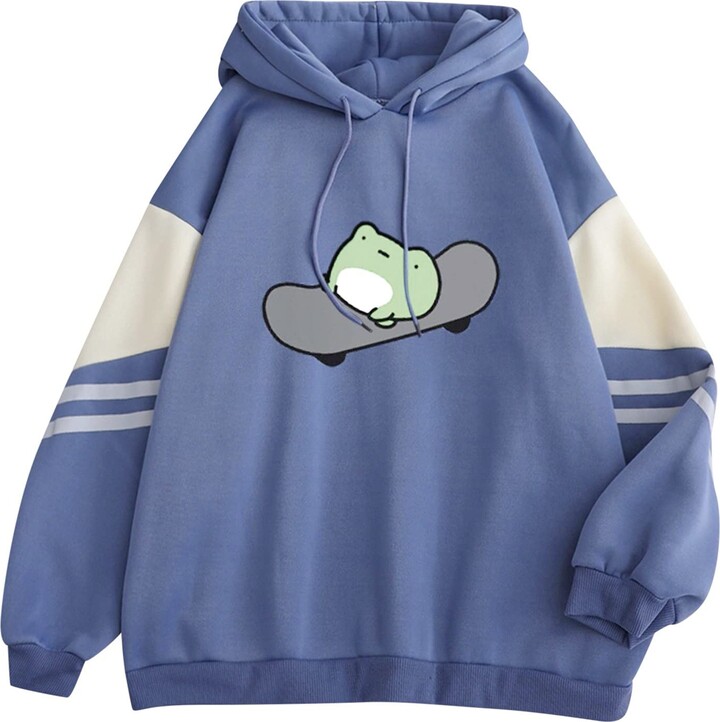 MMOOVV Women's Hoody Fashion Cute Stitching Skateboard Frog Print