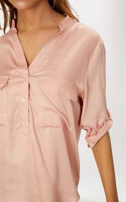 PrettyLittleThing Blush Satin Pocket Front Loose Shirt