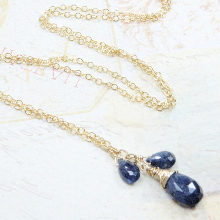 Etsy Natural Sapphire Necklace Gold Filled Triple Drop Blue Teardrop Stone Pendant September Birthday Birthstone Wife Jewelry Gift Handmade