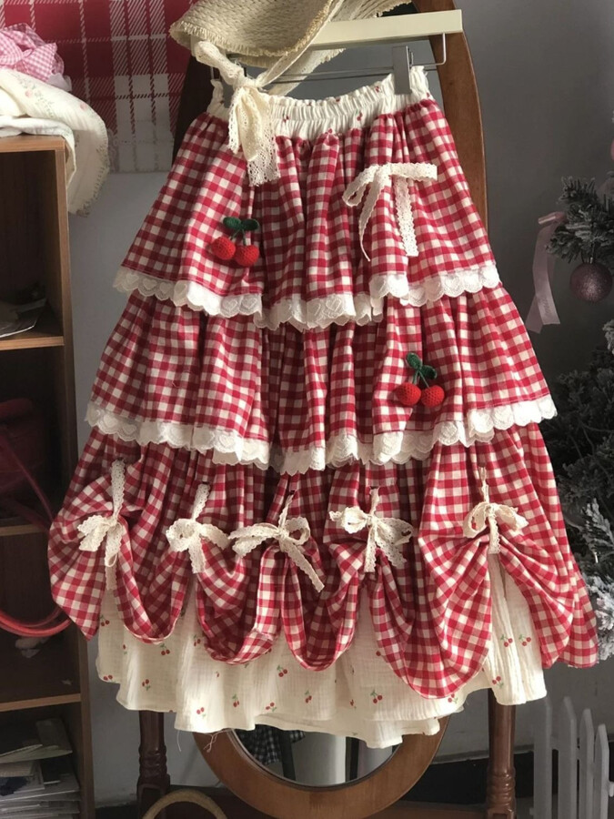 Miss Tough Vintage Skirts Women Red Plaid Lace Patchwork Stretch High Waist Loose All Match Fashion Midi Skirt Female Casual Sweet