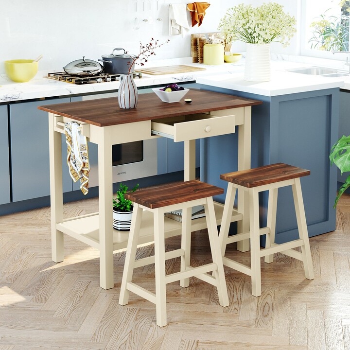 CTEX 3 Piece 42" Solid Wood Kitchen Island with 2 Seatings, Rubber Wood Dining Table with Drawer