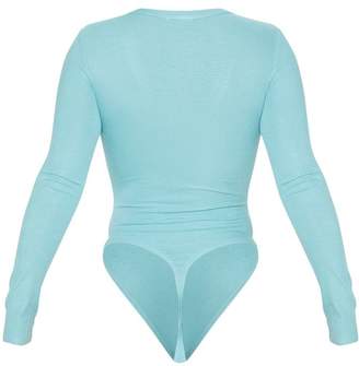 PrettyLittleThing Dusty Turquoise Long Sleeve Popper Detail Thong Bodysuit