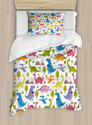 Ambesonne Dino Duvet Cover Set, Dinosaurs Colorful, Twin, Multicolor