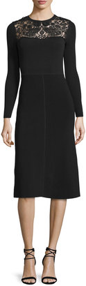RED Valentino Long-Sleeve Macrame-Inset Dress, Black