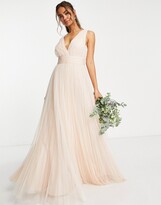 Thumbnail for your product : ASOS DESIGN Bridesmaid ruched maxi dress with pleated skirt and button back detail in champagne