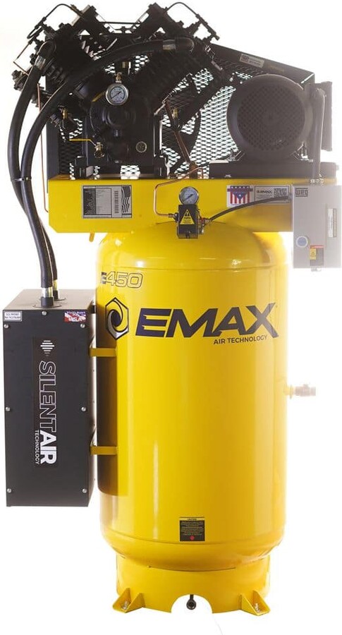 EMAX Silent Air Industrial E450 Series 80 Gal. 175 psi 10 HP 38 CFM 3-Phase 208V 2-Stage Stationary Electric Air Compressor