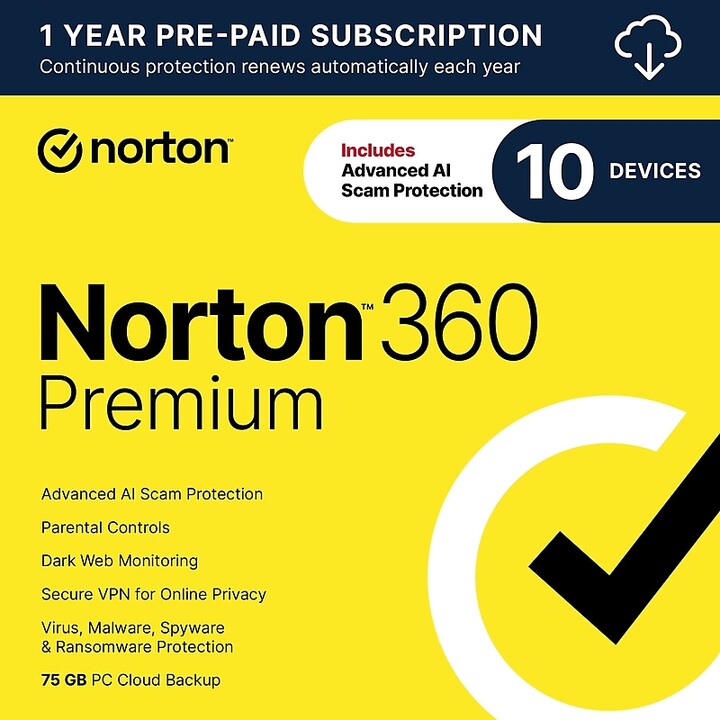 Norton Co. 360 Premium Antivirus Software for 10 Devices, Windows/Mac/Android/iOS, Download (21390643)
