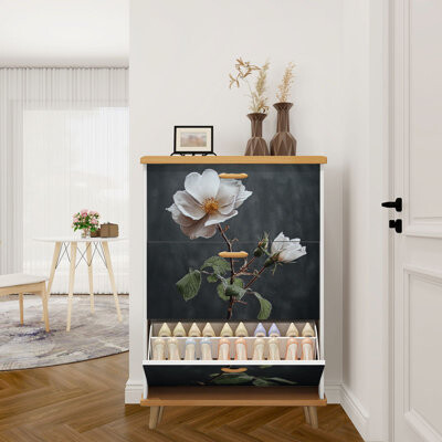 East Urban Home Shoe Storage Cabinet with 3 Flip Drawers for Vintage Farmhouse French Country Panoramic Flower Pictures Long Narrow Shoe Rack Storage Organizer