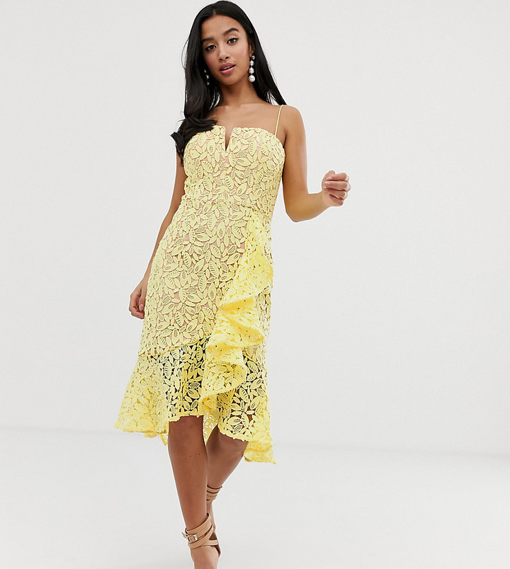 jarlo all over contrast floral lace embroidered midi dress with ruffle hem detail in multi