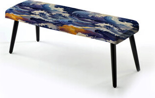 Purple Hokusai Waves Japanese Pattern - Coastal Upholstered Black Bench