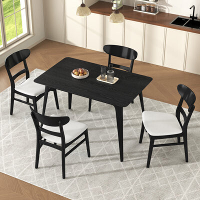 George Oliver Mid-Century Modern 5-Piece Dining Set, Rubberwood Frame, One Table and 4 Upholstered Chairs
