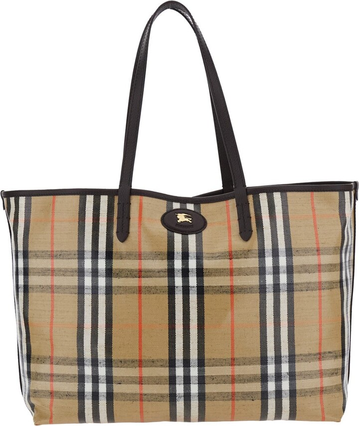 Burberry 'highlanders' Beige Medium Tote Bag With Ekd Patch On The Front And All-over Check Motif In Cotton Blend Woman