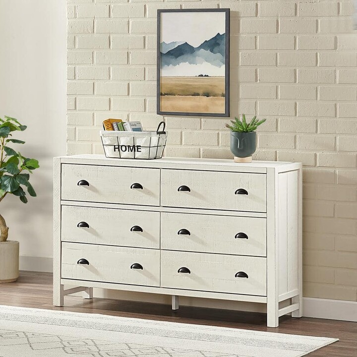 Alaterre Furniture Arden 6-Drawer Double Dresser, 56 in. Driftwood White Finish, Solid Pine Wood Bedroom Storage Organizer