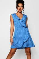 Thumbnail for your product : boohoo Ruffle Neckline Polka Dot Print Wrap Dress