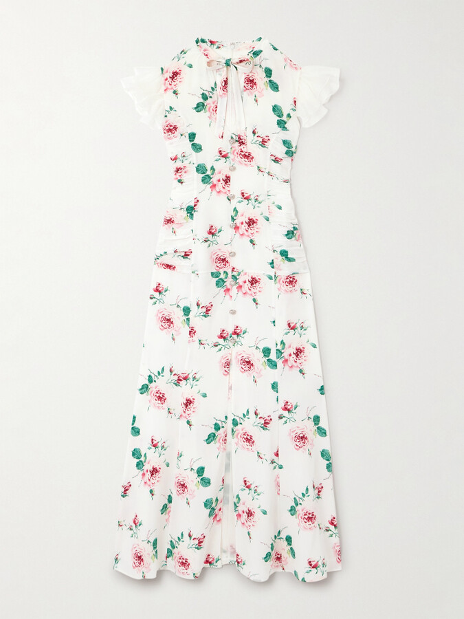 Alessandra Rich Bow-detailed Embellished Organza-trimmed Floral-print Silk Midi Dress - White