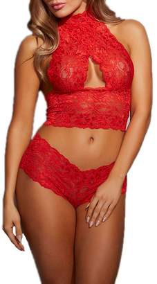 Cathery Womens Sexy Nightwear Lingerie Set See Through Lace Bra +Thongs G-string (S, )