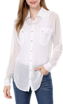 Unique Bargains Women's Point Collar Long Dolman Sleeve Loose Chiffon Shirt White M
