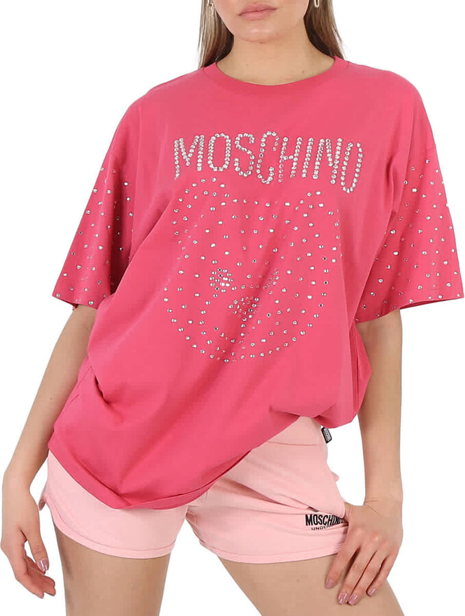 Fuschia Crystal Teddy Bear Oversize Cotton T-Shirt