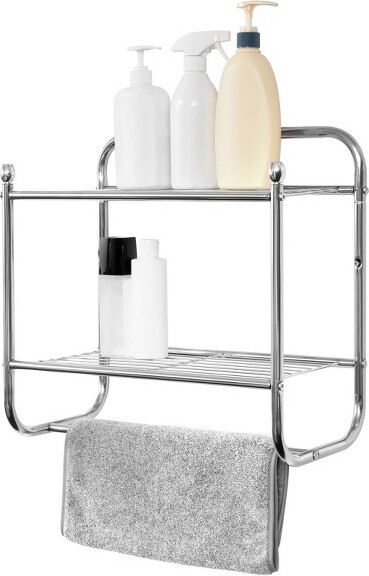 Juvale Wall Mounted 2 Tier Storage Organizer Shelf for Bathroom & Kitchen,  Chrome Metal Shower Caddy with 2 Swing Towel Rack