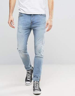 ONLY & SONS Slim Fit Stretch Jeans with Abrasion in Light Blue Wash