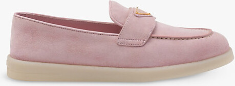 Prada Womens Neutral Logo-Plaque Suede Leather Loafers Eur 38/5 Uk Women