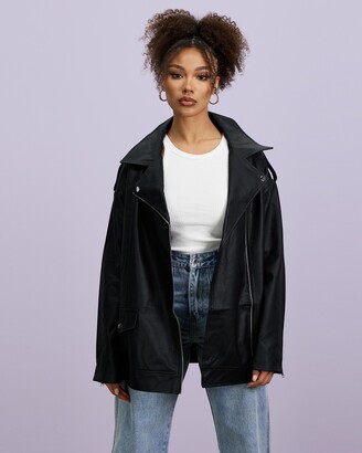 Missguided Women's Black Leather Jackets - Oversized Zip Sleeve Biker  Jacket - ShopStyle