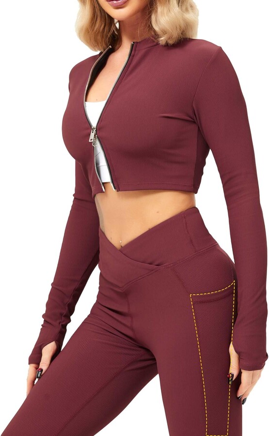 TZLDN Women Ribbed Gym Sets 2 Pieces Long Sleeve Full Zip Workout Outfit  Sets Cross Waist Leggings Tracksuits Cropped Gym wear Activewear Yoga  Clothes Suit with Pockets Brown XL - ShopStyle Tops