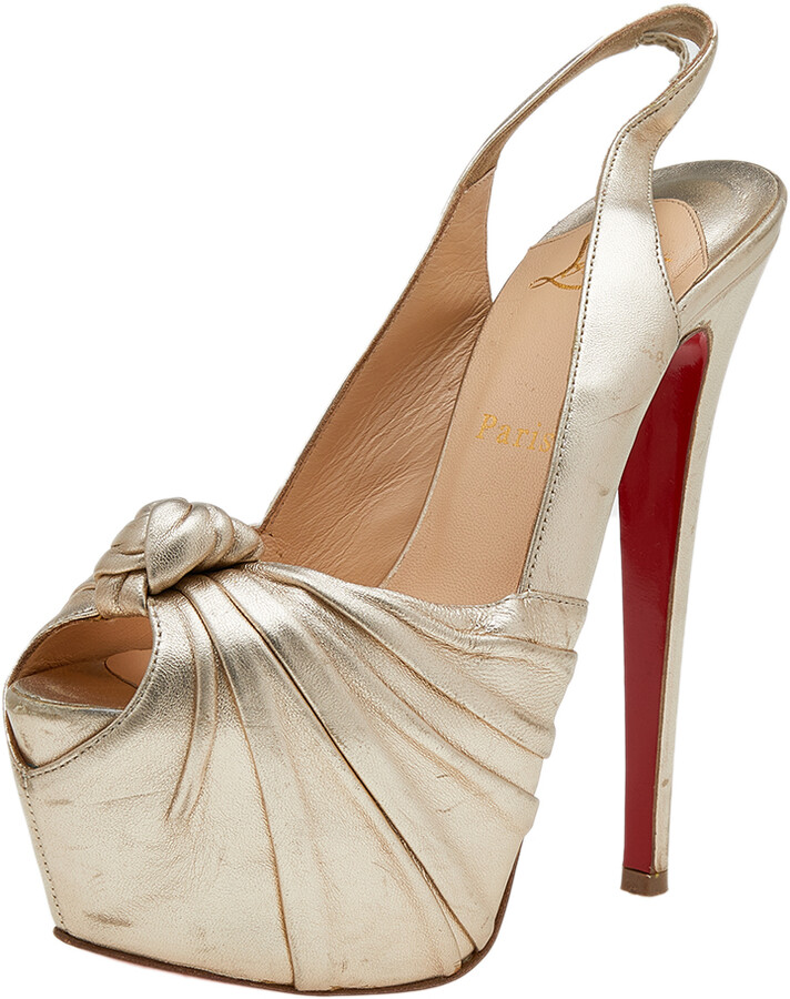 Christian Louboutin Gold Leather Jenny Knotted Platform Slingback Sandals Size 37
