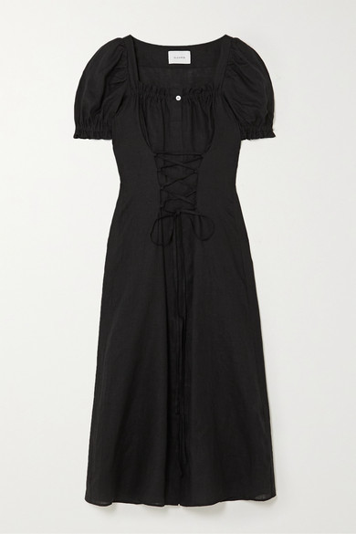 Sleeper Marquise Lace-up Linen Midi Dress - Black - ShopStyle