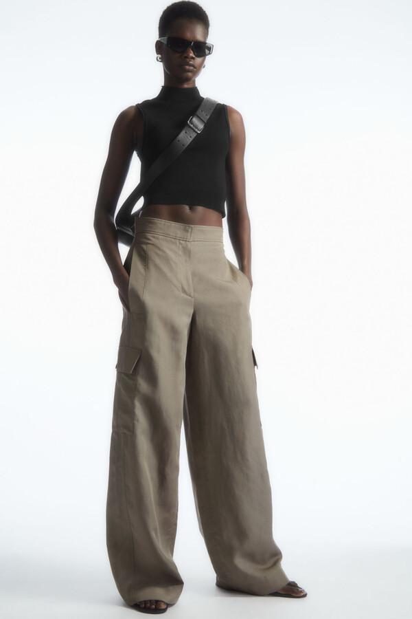 Women's Linen-Blend Tailored Ultra Wide-Leg Cargo Pant