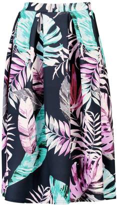 boohoo Leila Bright Palm Box Pleat Midi Skirt