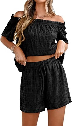 Fiorky Women's Summer 2 Piece Outfits Shorts Sets Off Shoulder