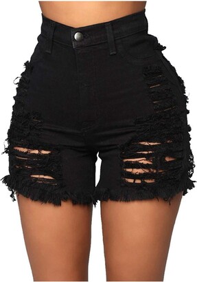 Lfore Womens High Waisted Ripped Shorts Sizes 8 to 22 Holey Tassels Button Slim Denim Shorts