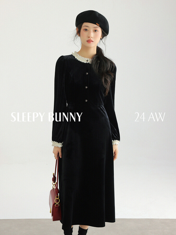 sleepy bunny Elegant Black Velvet Midi Dress Women Fall Winter Slim Long Sleeve Dress Ruffle Trim High Waist A-Line Dress Daily Office Look
