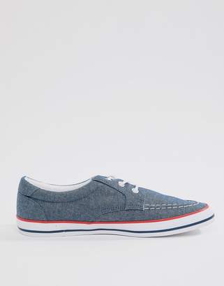 ASOS Design Boat Shoes In Blue Chambray With Red And Navy Detail