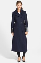Thumbnail for your product : DKNY Long Double Breasted Wool Blend Coat with Faux Leather Trim
