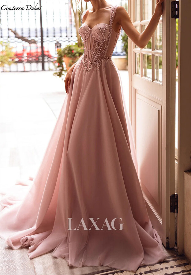 UXST Contessa Custom Beaded Sequin Corset robes de soirée Pink Sweetheart Neck Backless Prom Dress Chiffon Court Train Formal event