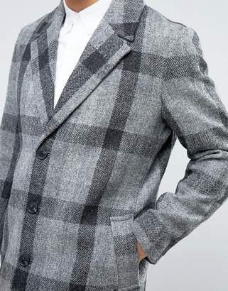 ASOS Harris Tweed Overcoat In Grey Check