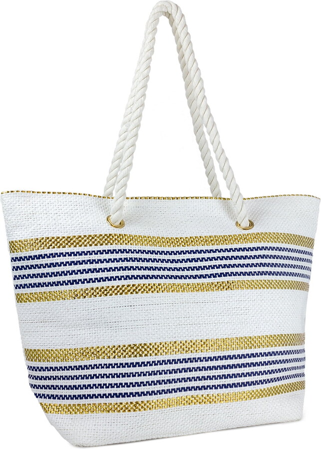 Women’s Striped Straw Beach Tote Babe with Rope Handle