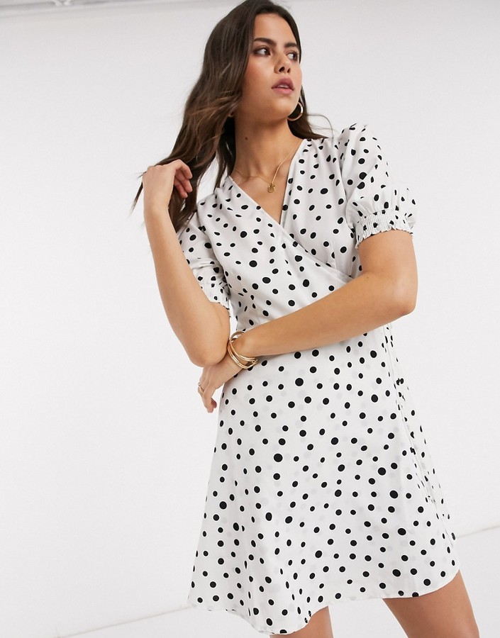 Vero Moda wrap mini dress with puff sleeves in white polka dot - ShopStyle