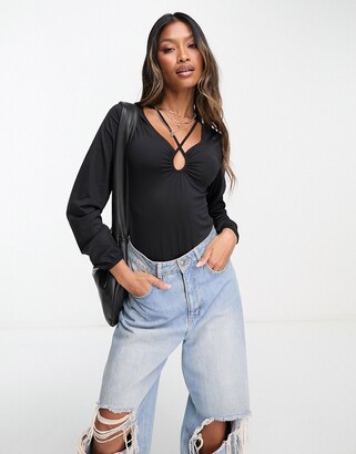 Threadbare super stretch strappy front long sleeve bodysuit in black